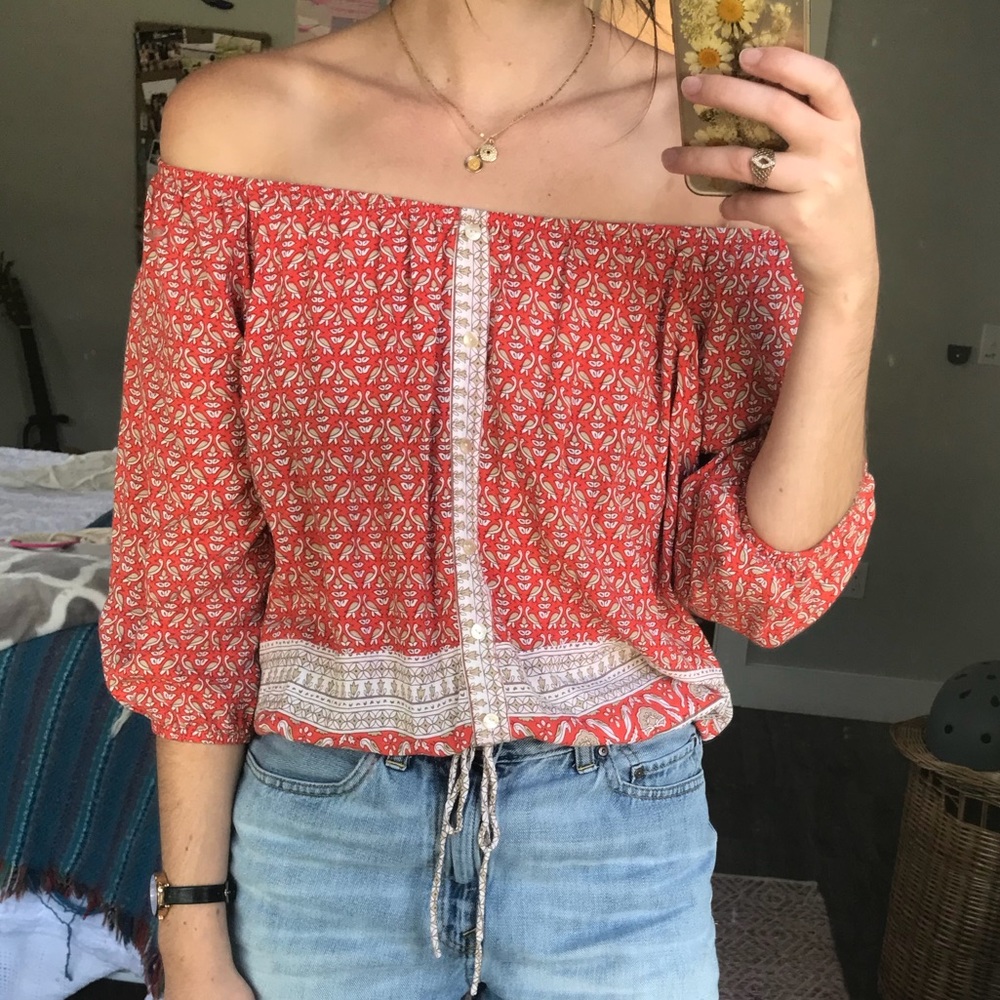 Orange/tan off-the-shoulder 3/4 sleeve blouse